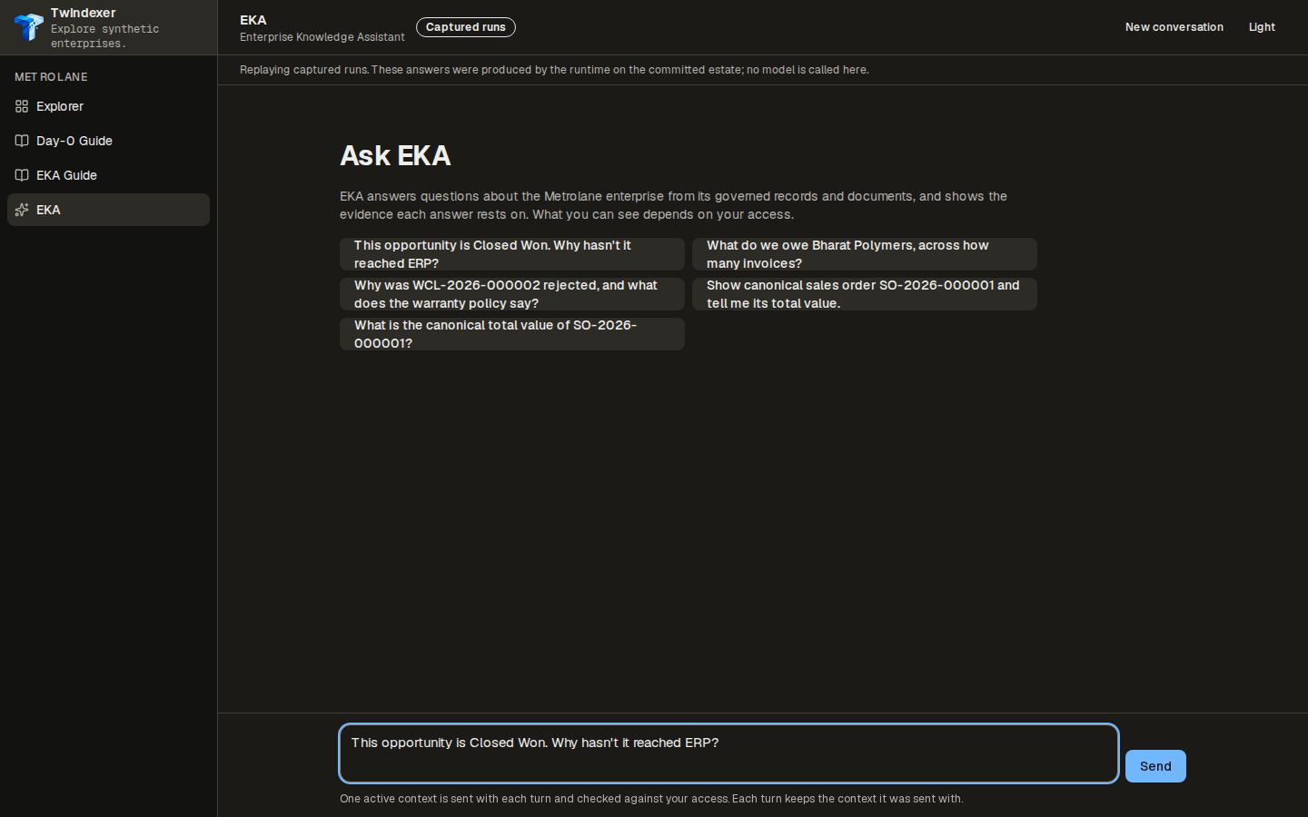 The question, as entered — EKA Workspace replaying the captured run for “This opportunity is Closed Won. Why hasn't it reached ERP?”