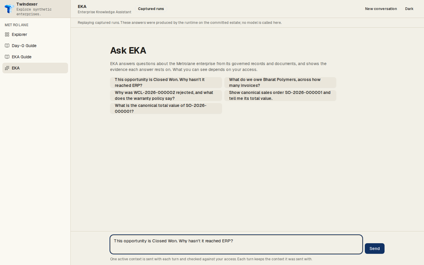 The question, as entered — EKA Workspace replaying the captured run for “This opportunity is Closed Won. Why hasn't it reached ERP?”