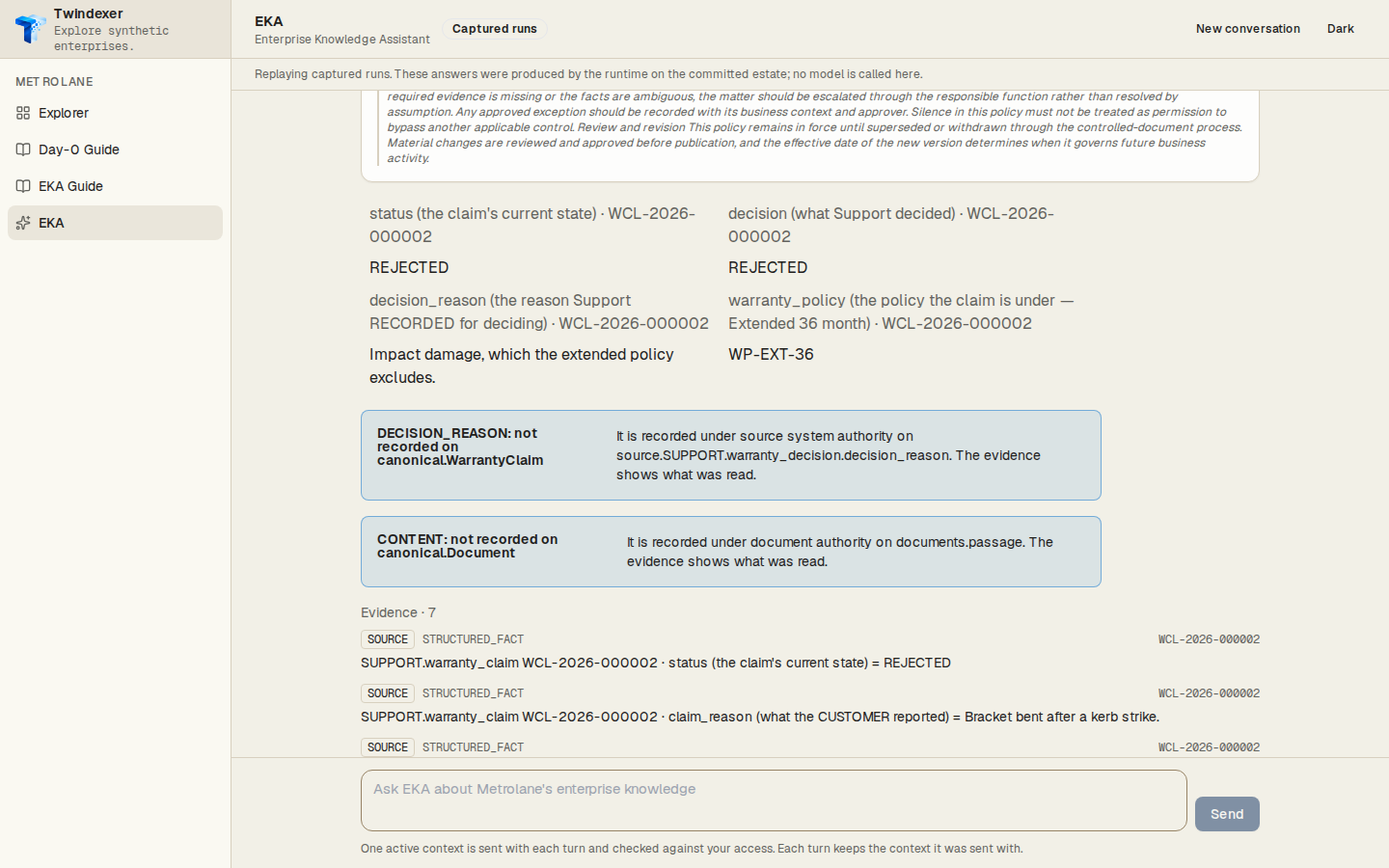 The evidence, expanded — EKA Workspace replaying the captured run for “Why was WCL-2026-000002 rejected, and what does the warranty policy say?”