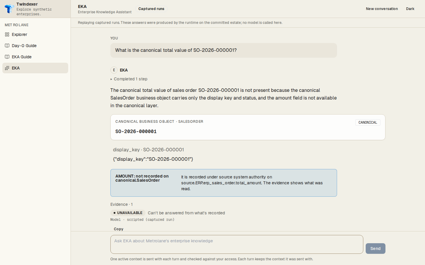 The answer and its result — EKA Workspace replaying the captured run for “What is the canonical total value of SO-2026-000001?”