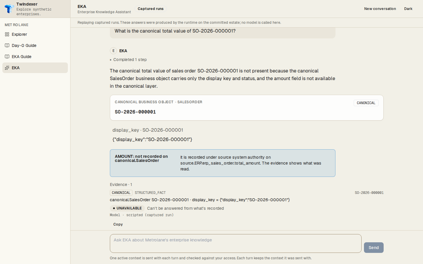 The evidence, expanded — EKA Workspace replaying the captured run for “What is the canonical total value of SO-2026-000001?”