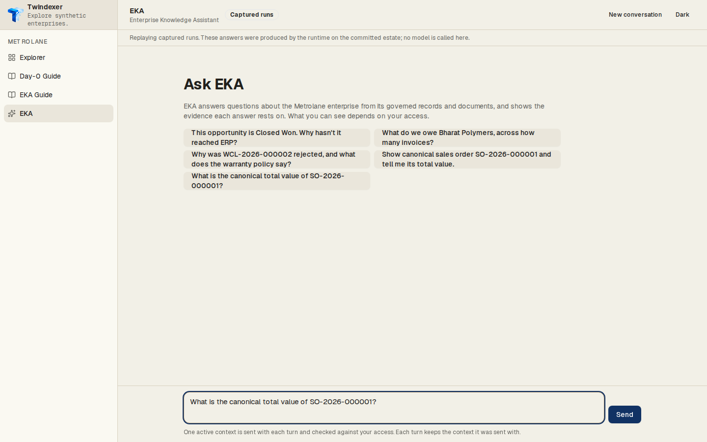 The question, as entered — EKA Workspace replaying the captured run for “What is the canonical total value of SO-2026-000001?”