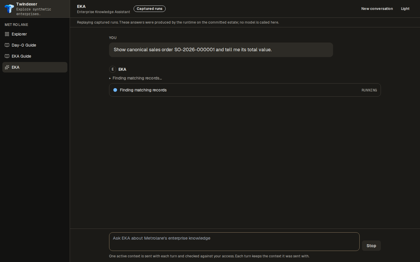 The activity rail, mid-run — EKA Workspace replaying the captured run for “Show canonical sales order SO-2026-000001 and tell me its total value.”