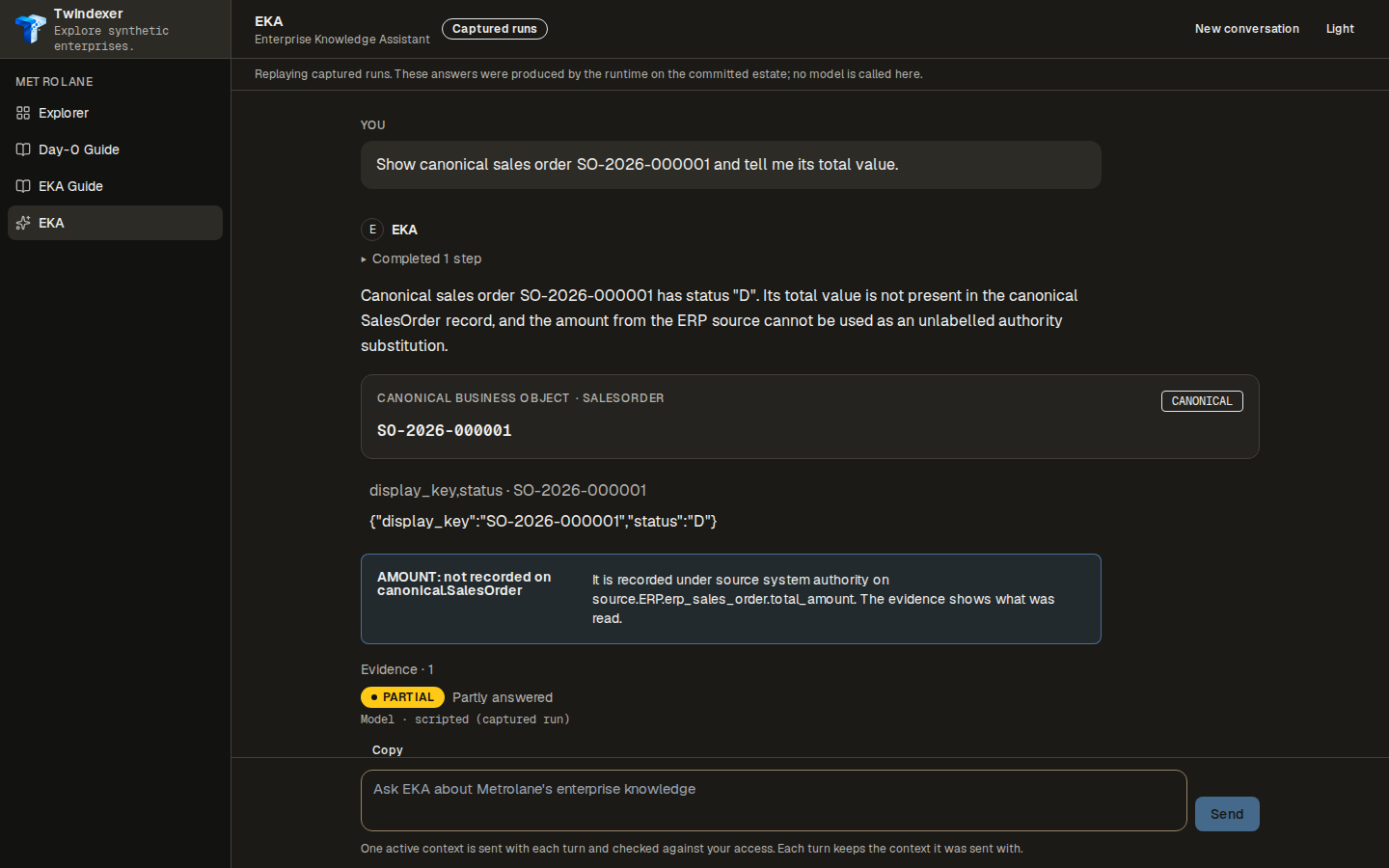 The answer and its result — EKA Workspace replaying the captured run for “Show canonical sales order SO-2026-000001 and tell me its total value.”
