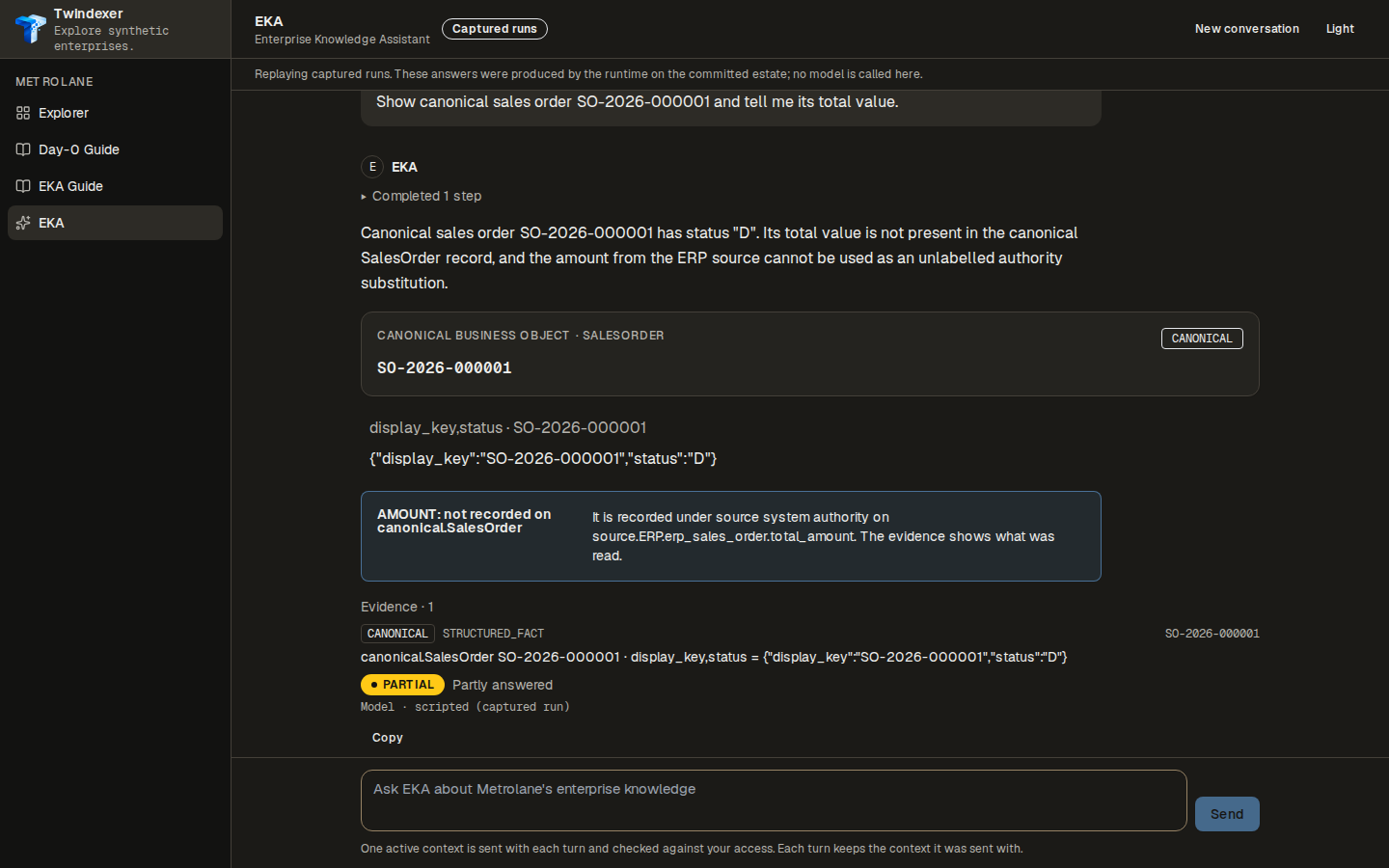 The evidence, expanded — EKA Workspace replaying the captured run for “Show canonical sales order SO-2026-000001 and tell me its total value.”