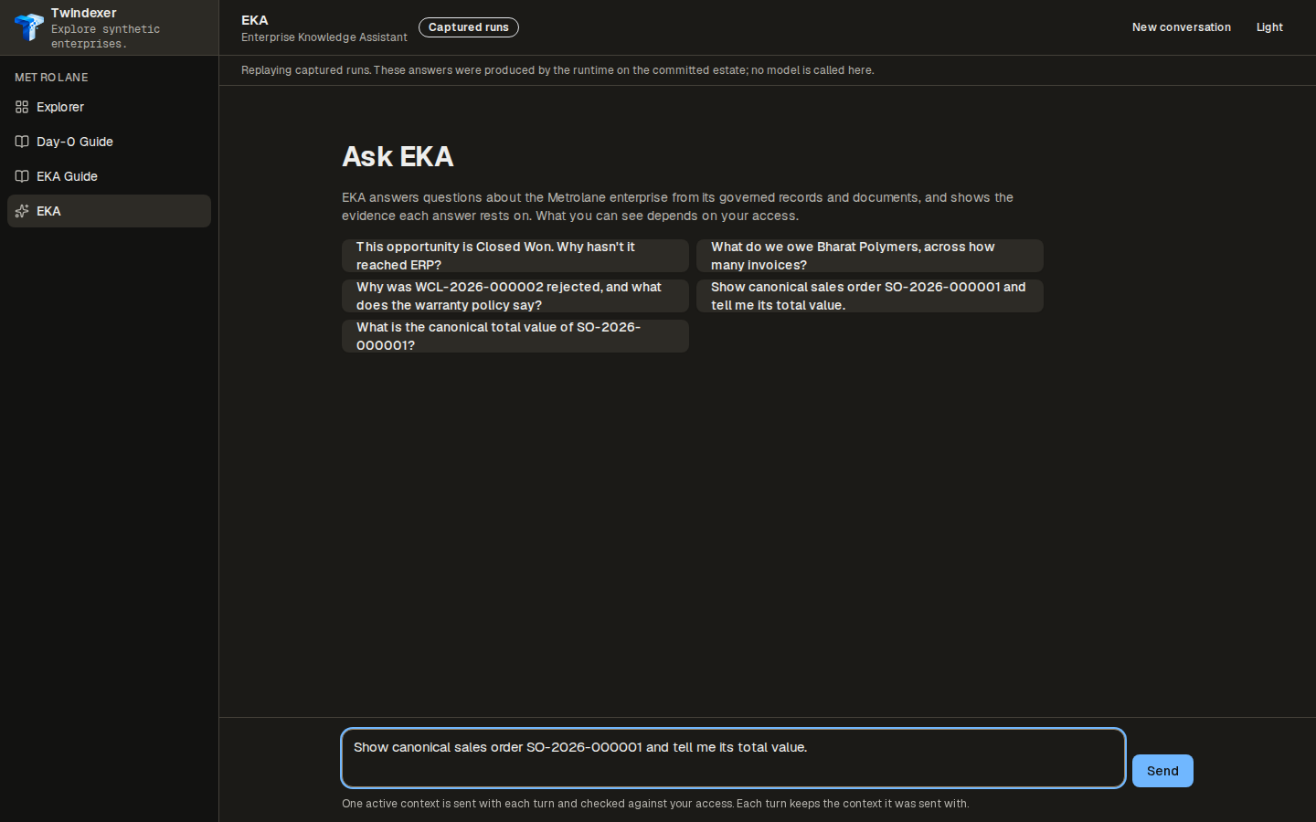 The question, as entered — EKA Workspace replaying the captured run for “Show canonical sales order SO-2026-000001 and tell me its total value.”