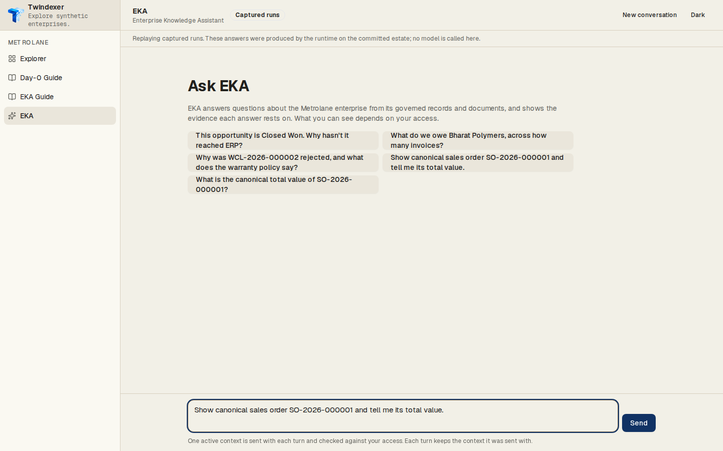 The question, as entered — EKA Workspace replaying the captured run for “Show canonical sales order SO-2026-000001 and tell me its total value.”