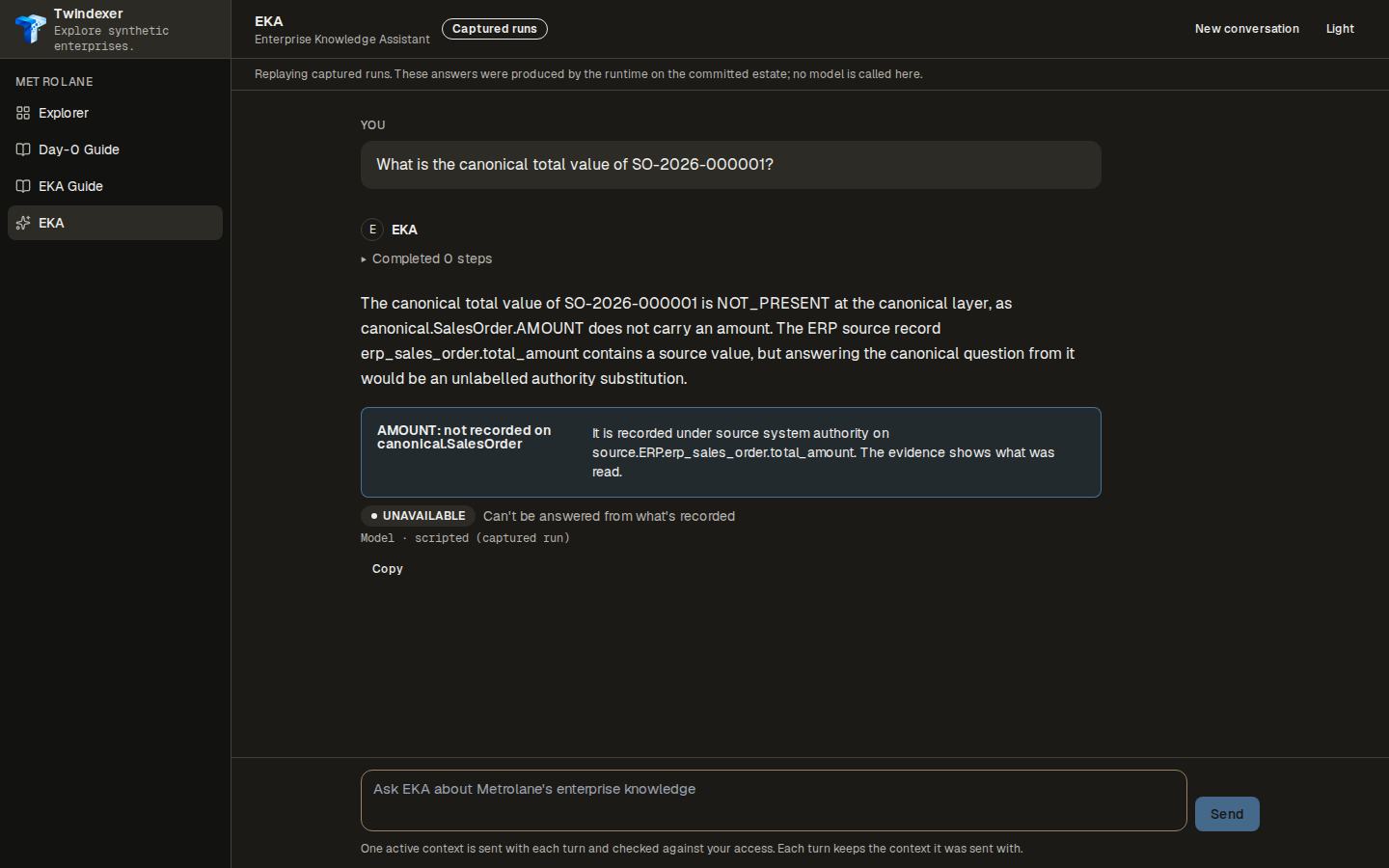 The answer and its result — EKA Workspace replaying the captured run for “What is the canonical total value of SO-2026-000001?”