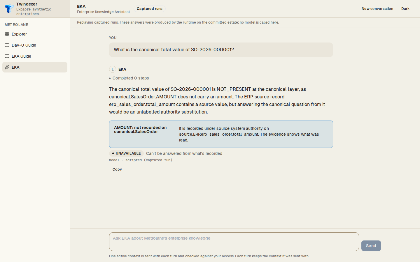 The answer and its result — EKA Workspace replaying the captured run for “What is the canonical total value of SO-2026-000001?”