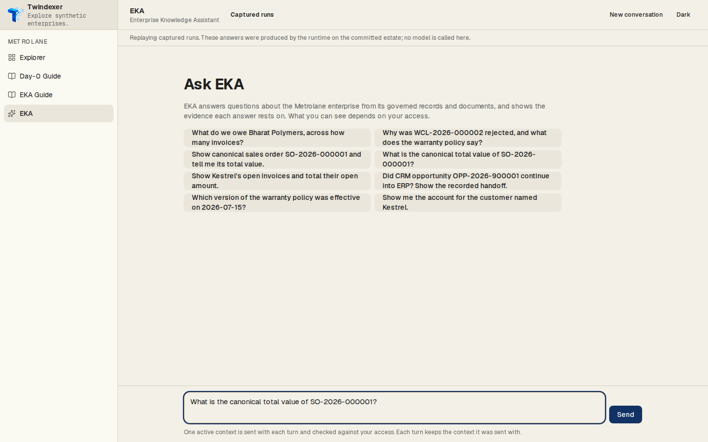 The question, as entered — EKA Workspace replaying the captured run for “What is the canonical total value of SO-2026-000001?”
