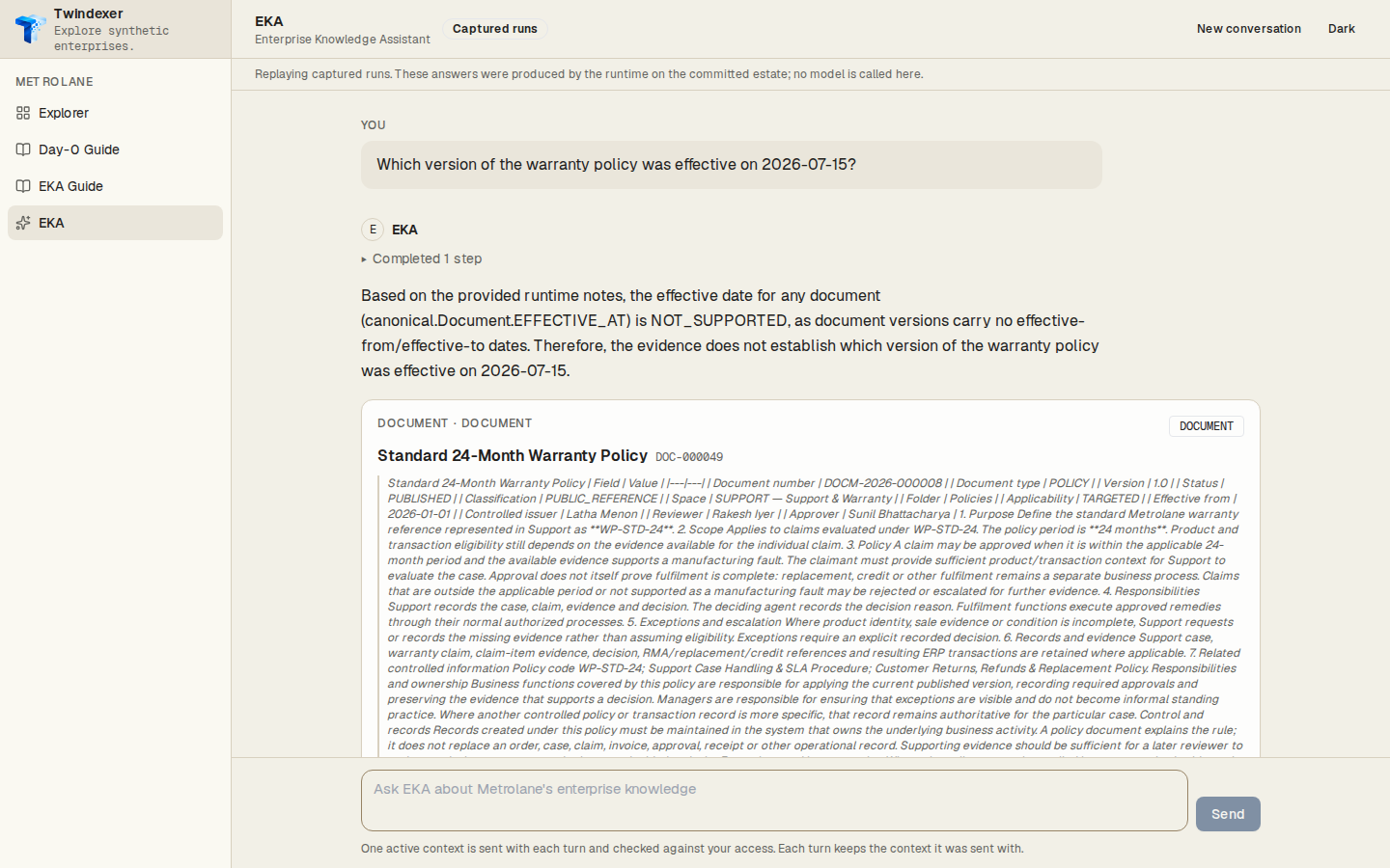 The answer and its result — EKA Workspace replaying the captured run for “Which version of the warranty policy was effective on 2026-07-15?”