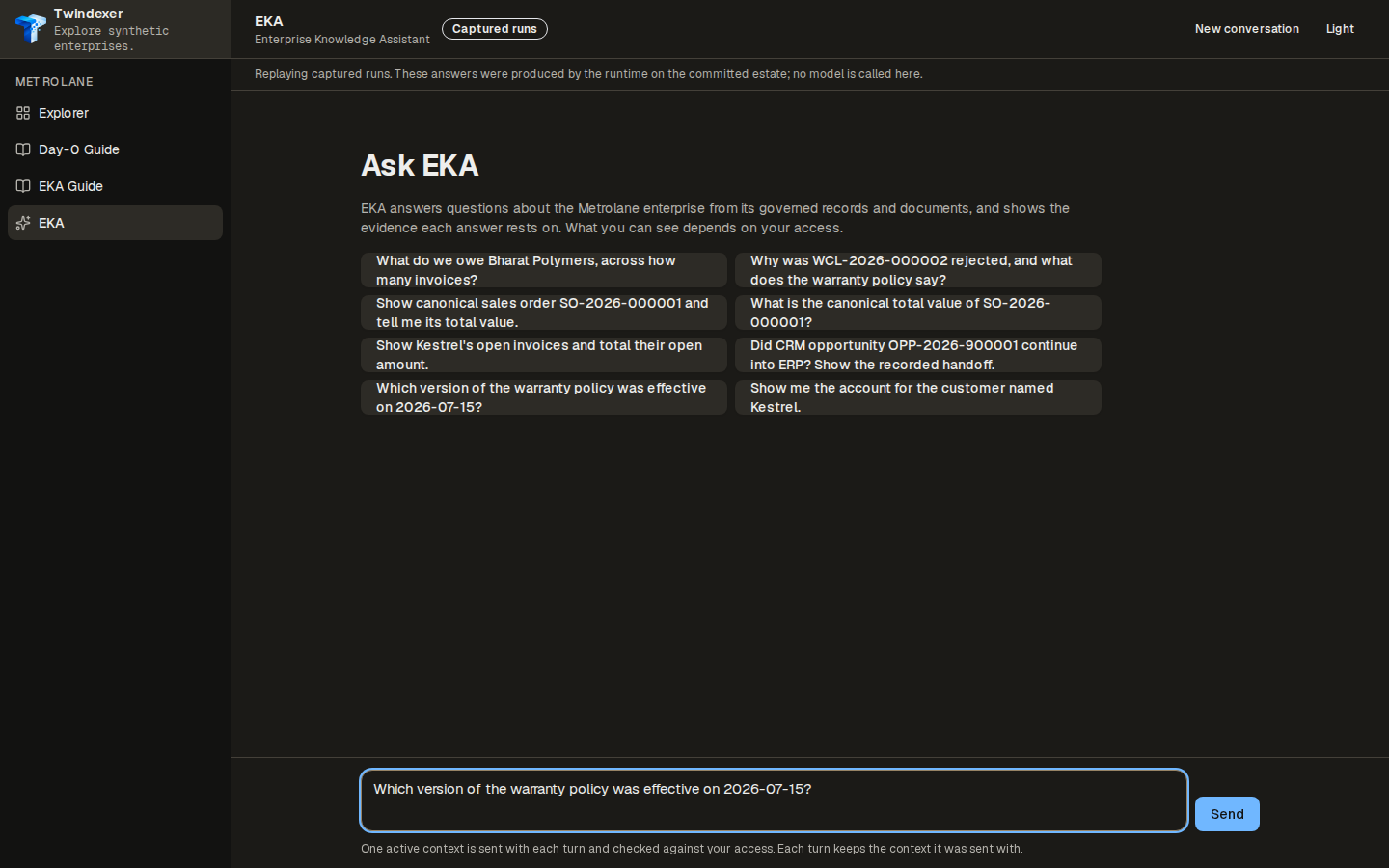 The question, as entered — EKA Workspace replaying the captured run for “Which version of the warranty policy was effective on 2026-07-15?”