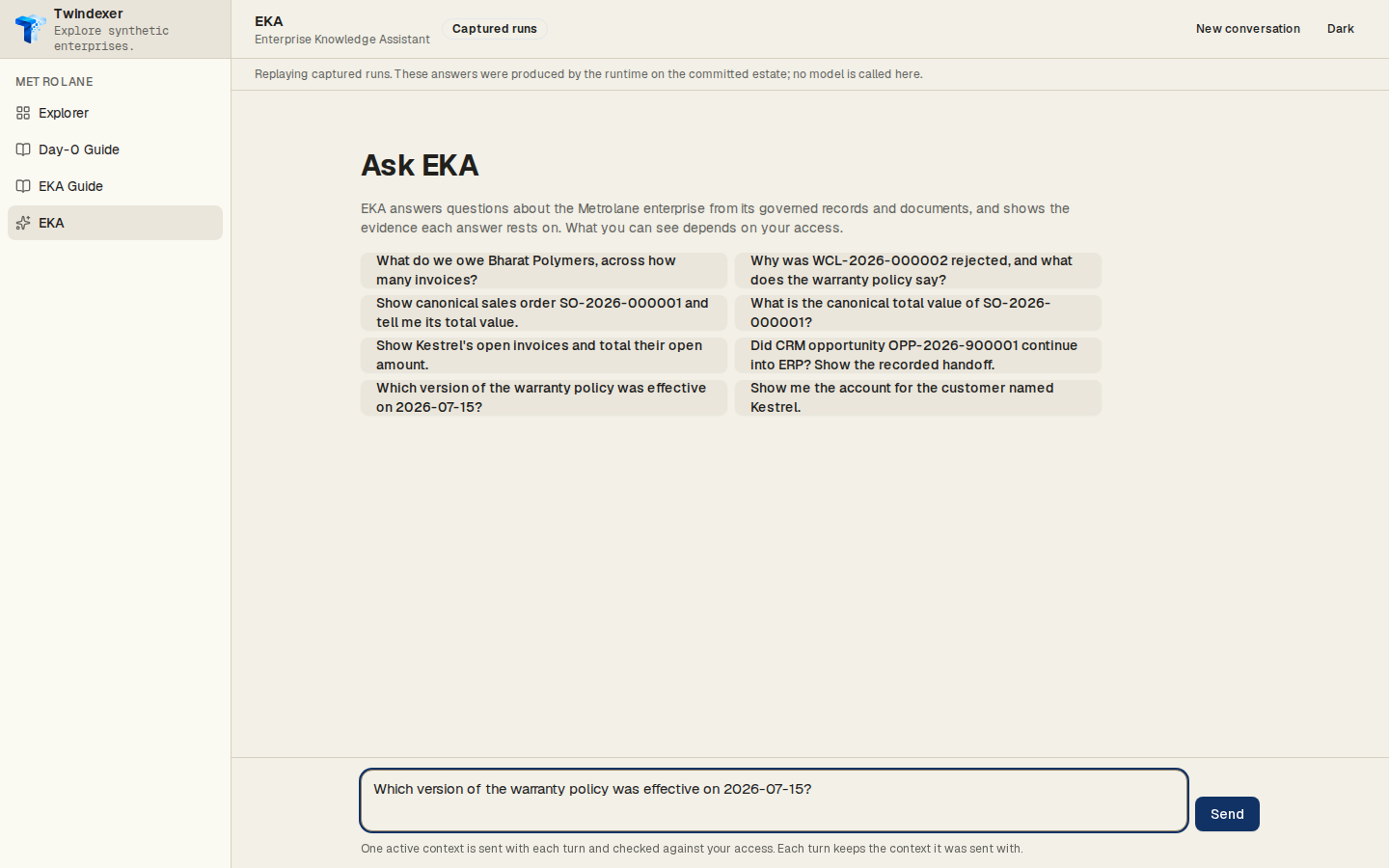 The question, as entered — EKA Workspace replaying the captured run for “Which version of the warranty policy was effective on 2026-07-15?”