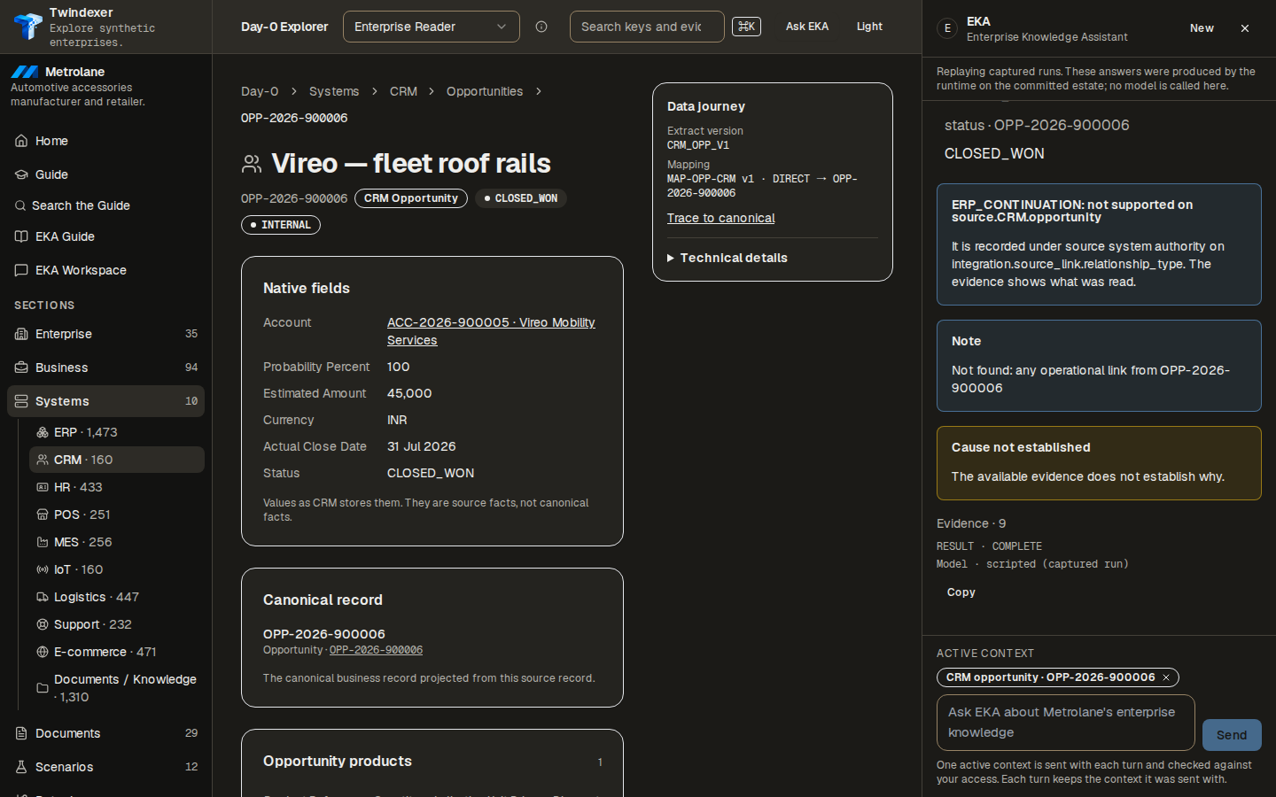 SC-GOLD-002, step 8: Asked: "This opportunity is Closed Won. Why hasn't it reached ERP?" — answered from EKA-GUIDE-01 (evidence pack v4), recorded on OPP-2026-900006.