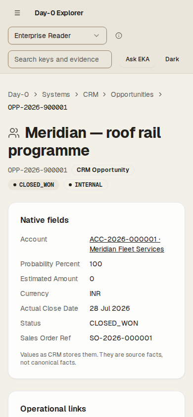 SC-GOLD-005, step 1: The CRM Opportunity · OPP-2026-900001 page, with Ask EKA in its top strip.