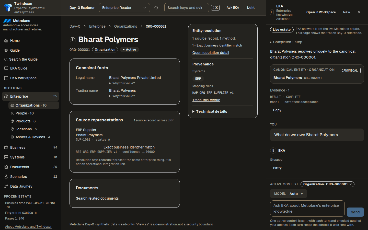 SC-GOLD-006, step 5: Asked "What do we owe Bharat Polymers" and pressed Stop: the turn shows as stopped.