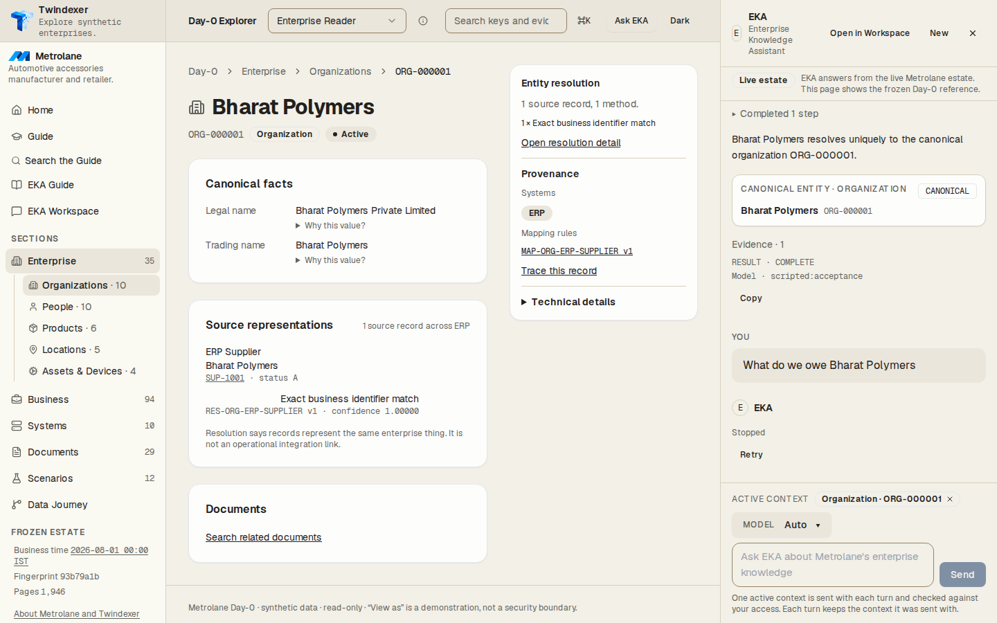 SC-GOLD-006, step 5: Asked "What do we owe Bharat Polymers" and pressed Stop: the turn shows as stopped.